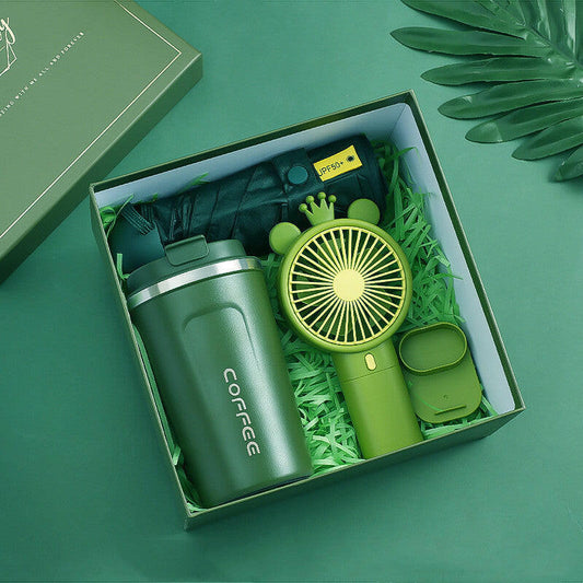 Graduation gift set with a vacuum cup, fan, umbrella, and elegant gift box, perfect for celebrating a graduate's achievement