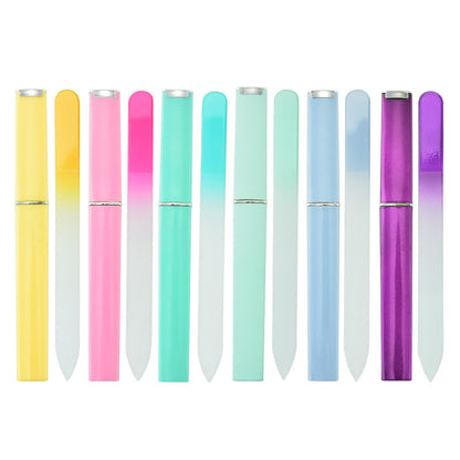 Nail file polishing manicure set made of plastic and nano glass, available in six colors (Pink, Blue, Cyan, Yellow, Purple, Green). Compact size (14 * 1.2 cm) with a thickness of 0.3mm, packaged in a convenient storage box for easy use and organization.
