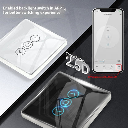 WiFi Smart Curtain with control panel, featuring a waterproof design, timing function, and 2.4GHz RF433 WiFi connectivity. Made with tempered glass and designed for indoor use, it offers smart automation for modern homes.