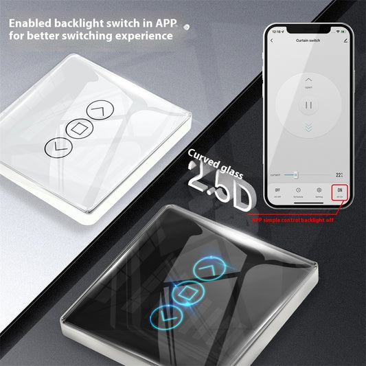 WiFi Smart Curtain with control panel, featuring a waterproof design, timing function, and 2.4GHz RF433 WiFi connectivity. Made with tempered glass and designed for indoor use, it offers smart automation for modern homes.