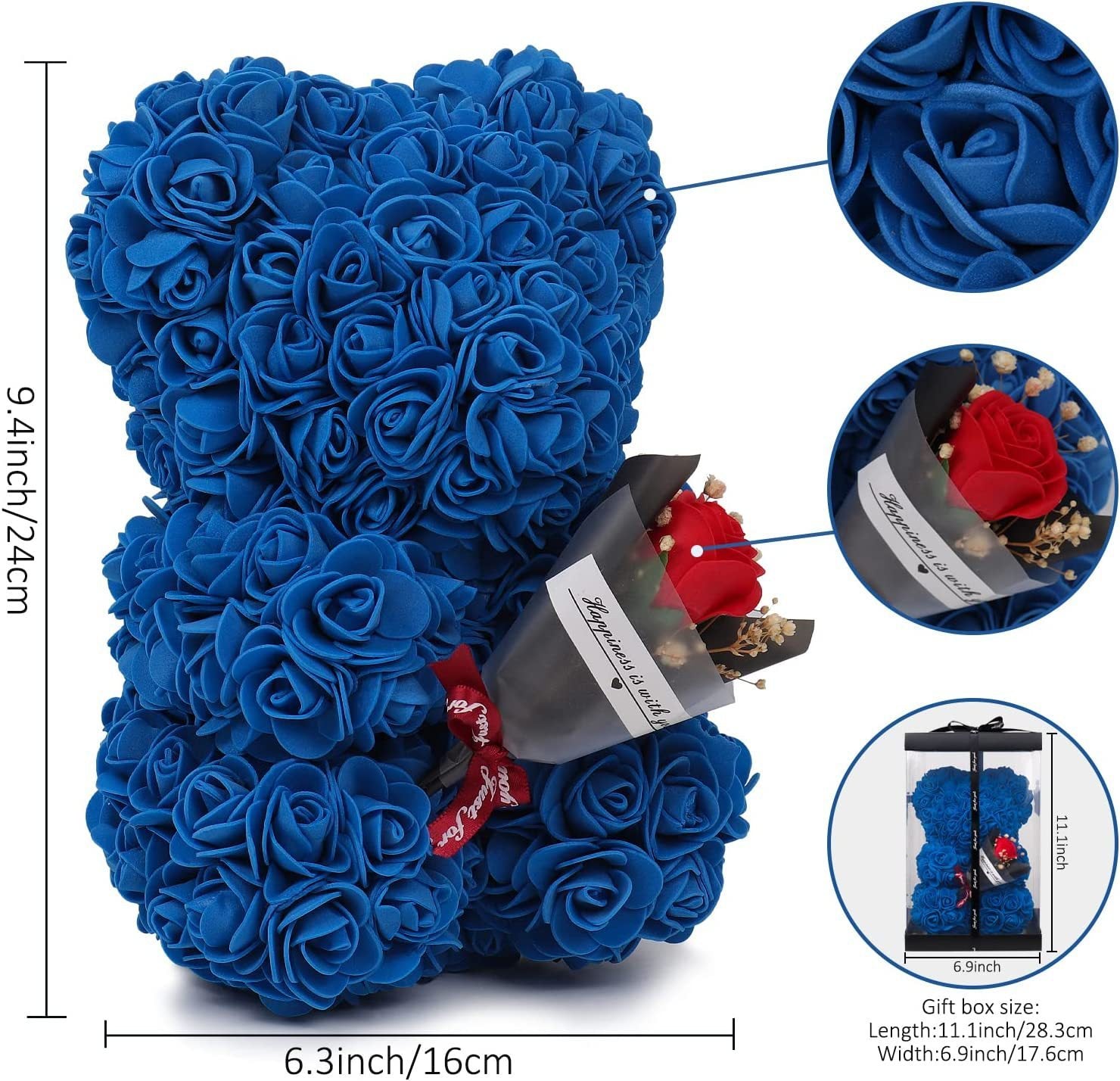 "Rose Flower Teddy Bear – A beautifully crafted teddy bear made from artificial roses, available in various elegant gift box colors. A perfect romantic gift for Valentine's Day, anniversaries, birthdays, weddings, and special occasions."