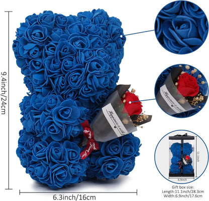 "Rose Flower Teddy Bear – A beautifully crafted teddy bear made from artificial roses, available in various elegant gift box colors. A perfect romantic gift for Valentine's Day, anniversaries, birthdays, weddings, and special occasions."