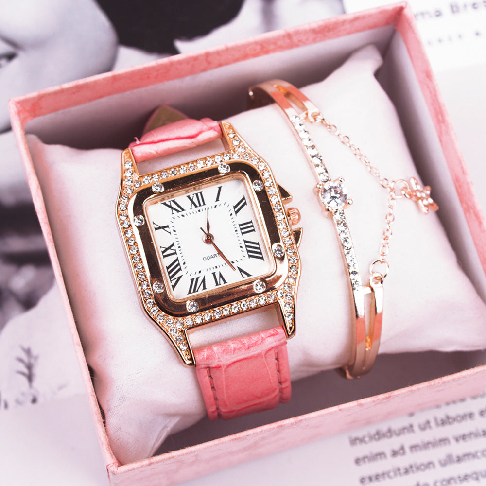 **Two-Piece Watch Set – Elegant & Fashionable ⌚** A sleek, **high-quality quartz alloy** watch with a **casual style**, perfect for fashion-forward women. Available in **Pink**, **Red**, **Black**, **Brown**, and **White**. A must-have accessory for any outfit. 🎁