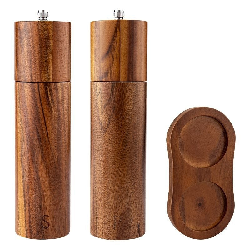 Acacia Mangium 8-inch manual pepper grinder with a ceramic grinding mechanism, available in single, 2-piece, or 3-piece sets. Modern, minimalist design with color box packaging.