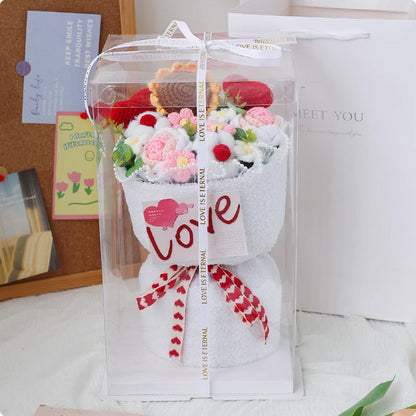 Creative knitted flower bouquet in various colors, perfect for gifting on special occasions like Valentine's Day, Mother's Day, and Teacher's Day, with lasting appeal.