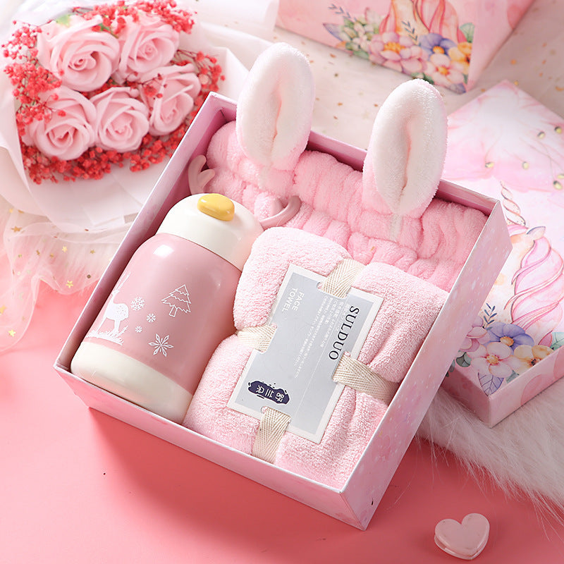 Birthday Cute Gift Set featuring coral fleece towels, matching hair bands, and optional glass cups, umbrellas, or eye masks in various stylish combinations.