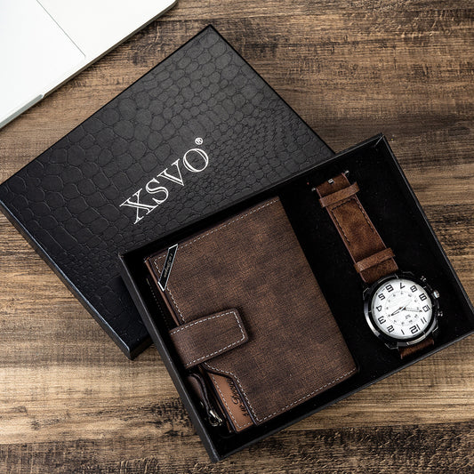 **Men's Gift Set – Stylish & Functional 🎁** A **chronograph** watch with a **PU strap** and **stainless steel buckle**, paired with a sleek wallet. The **4.0cm dial** and **24x2cm strap** offer a comfortable fit. Perfect for any occasion! ⌚💼