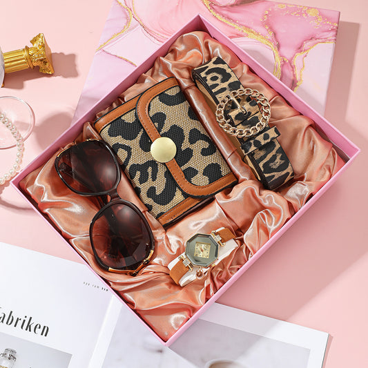 Women's elegant jewelry set including a quartz movement watch with a 35mm dial, leather belt, glasses, wallet, and packaging box, available in diamond, square, or round watch packages.
