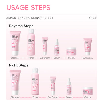 Indulge in the delicate touch of cherry blossoms with this luxurious 6-piece skincare set—specially designed to cleanse, nourish, and rejuvenate your skin. Infused with the essence of cherry blossoms, this set delivers deep hydration, promotes a radiant glow, and leaves your skin feeling refreshed and silky smooth.