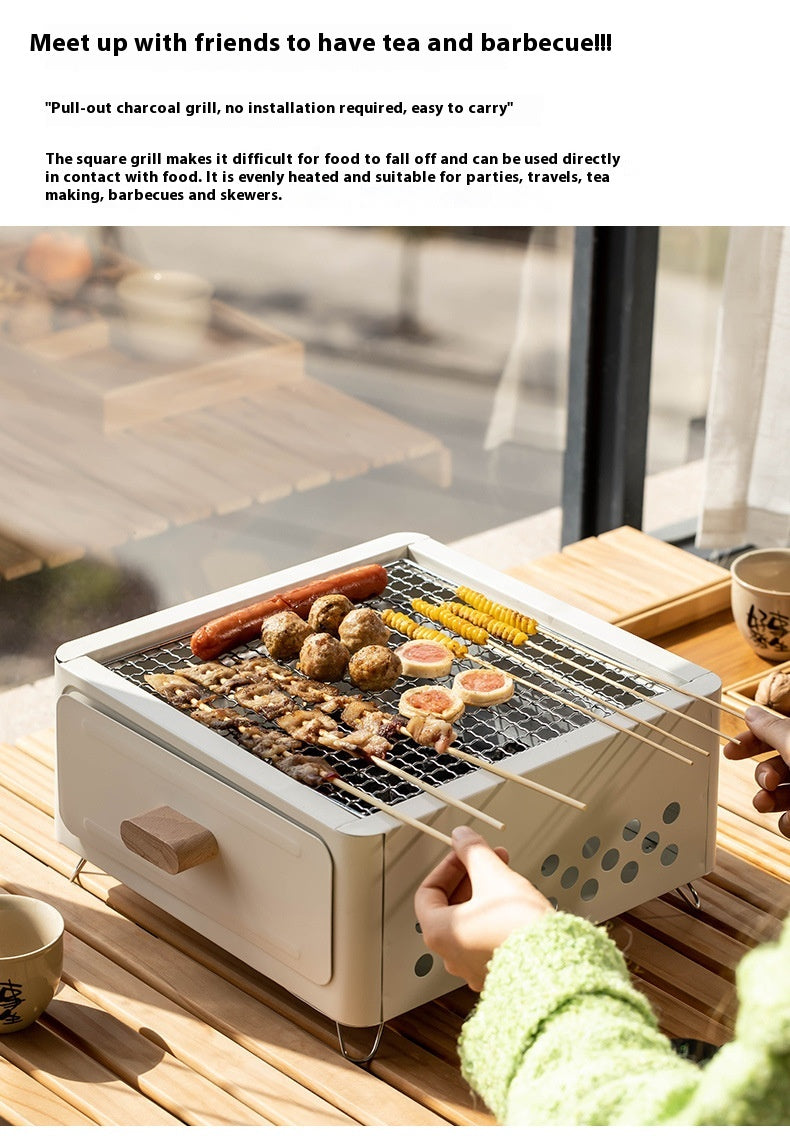 "Square Barbecue Oven-Grill – A white, alloy-constructed grill designed for 3-5 people, featuring a split-type structure, carbon fuel compatibility, and includes a charcoal plate and grill net. Perfect for outdoor gatherings and cookouts."