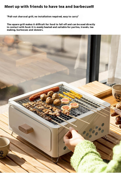 "Square Barbecue Oven-Grill – A white, alloy-constructed grill designed for 3-5 people, featuring a split-type structure, carbon fuel compatibility, and includes a charcoal plate and grill net. Perfect for outdoor gatherings and cookouts."