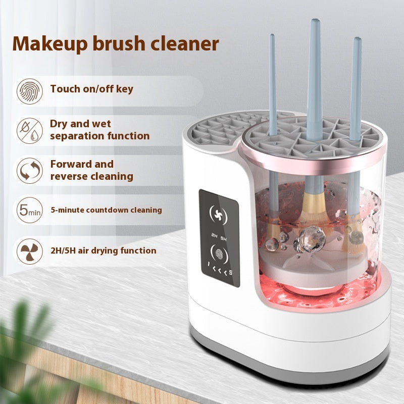 **Electric Makeup Brush Cleaner – Deep Clean, Dry & Disinfect! 💄✨** A powerful brush cleaning machine (192x122x173mm) with **850 r/min** high-speed rotation to remove **98% of makeup residue**. Features a **drying & disinfecting chamber**, a **one-button switch**, and **smart timing options (5-min cleaning, 2/5-hour drying)**. No batteries or assembly needed—just plug in and go! Compact and travel-friendly for effortless brush maintenance anywhere. 🌸